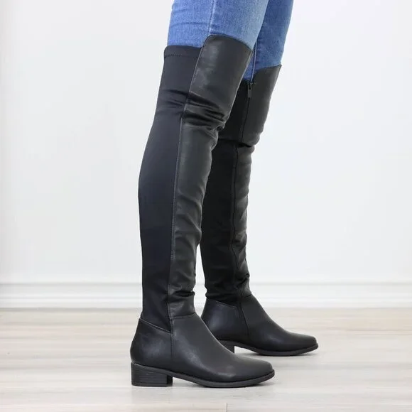 Low Heel Thigh High Boots Over The Knee Faux Leather & Stretchy Material Mix - Picture 11 of 15